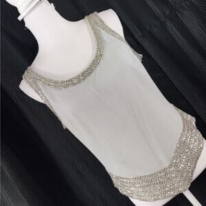METROSTYLE! POWDER BLUE CHIFFON, HEAVY SILVER BEADING TANK STYLE BLOUSE! SZ 12